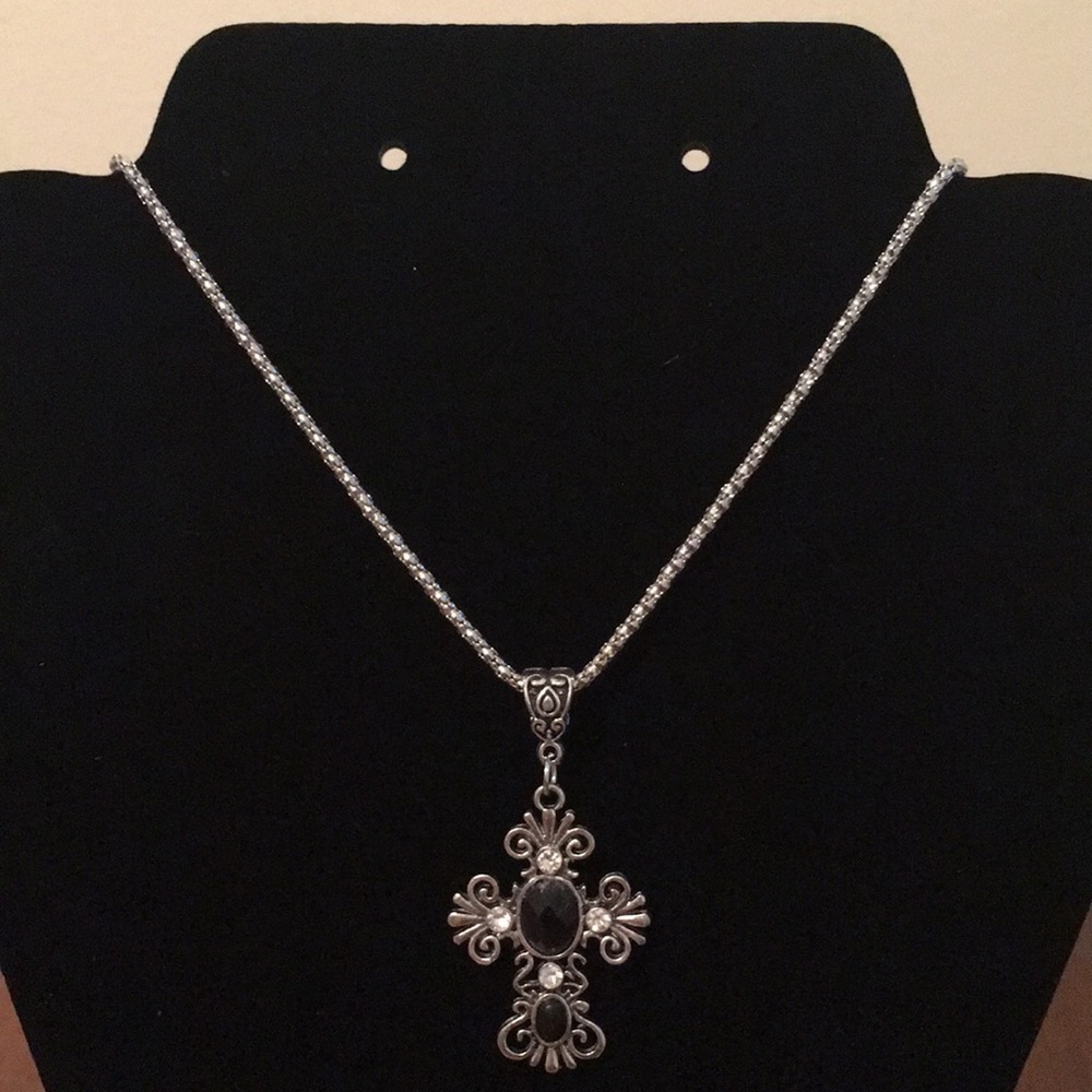 Rhinestone Cross Necklace - Black